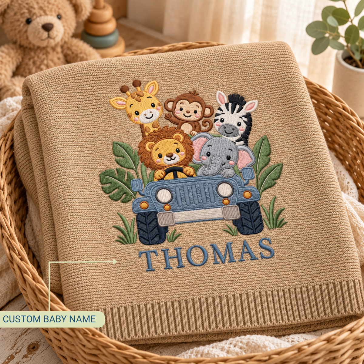 Custom Embroidered Baby Blanket Personalized Safari Car Animal Knit Baby Shower Gift