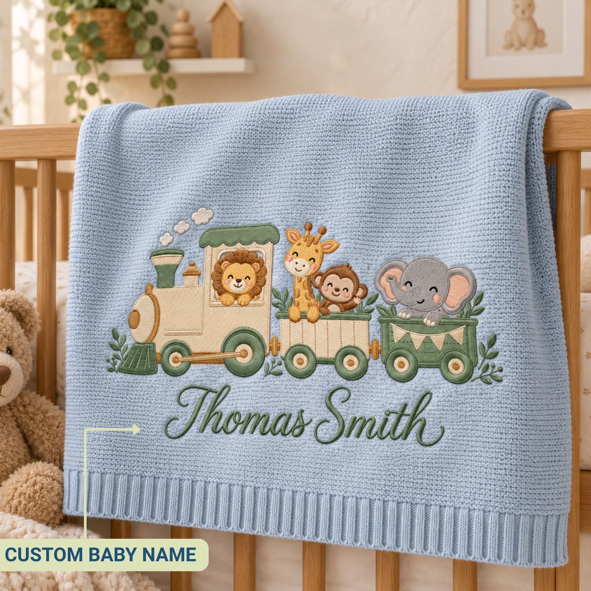 Custom Embroidered Baby Blanket Personalized Animal Train Knit Baby Shower Gift