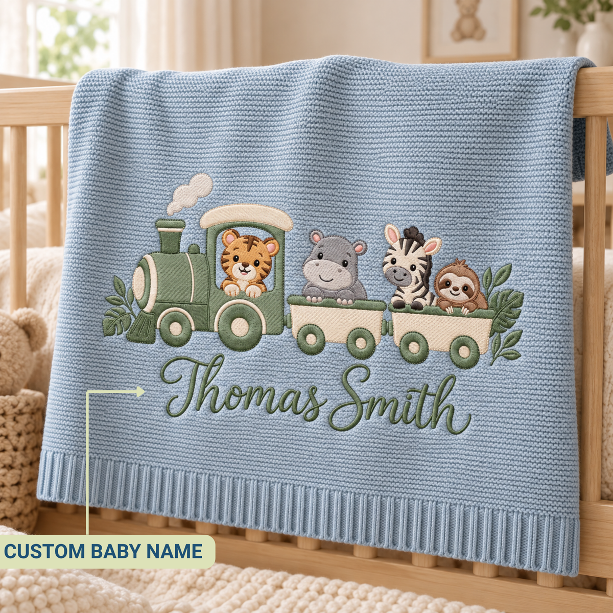 Personalized Embroidered Baby Blanket Custom Name Safari Train Knit Nursery Blanket