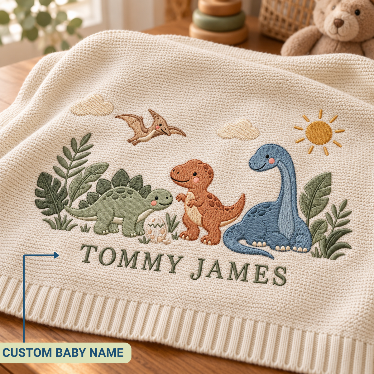 Custom Embroidered Baby Blanket Personalized Dinosaur Knit Blanket Baby Shower Gift