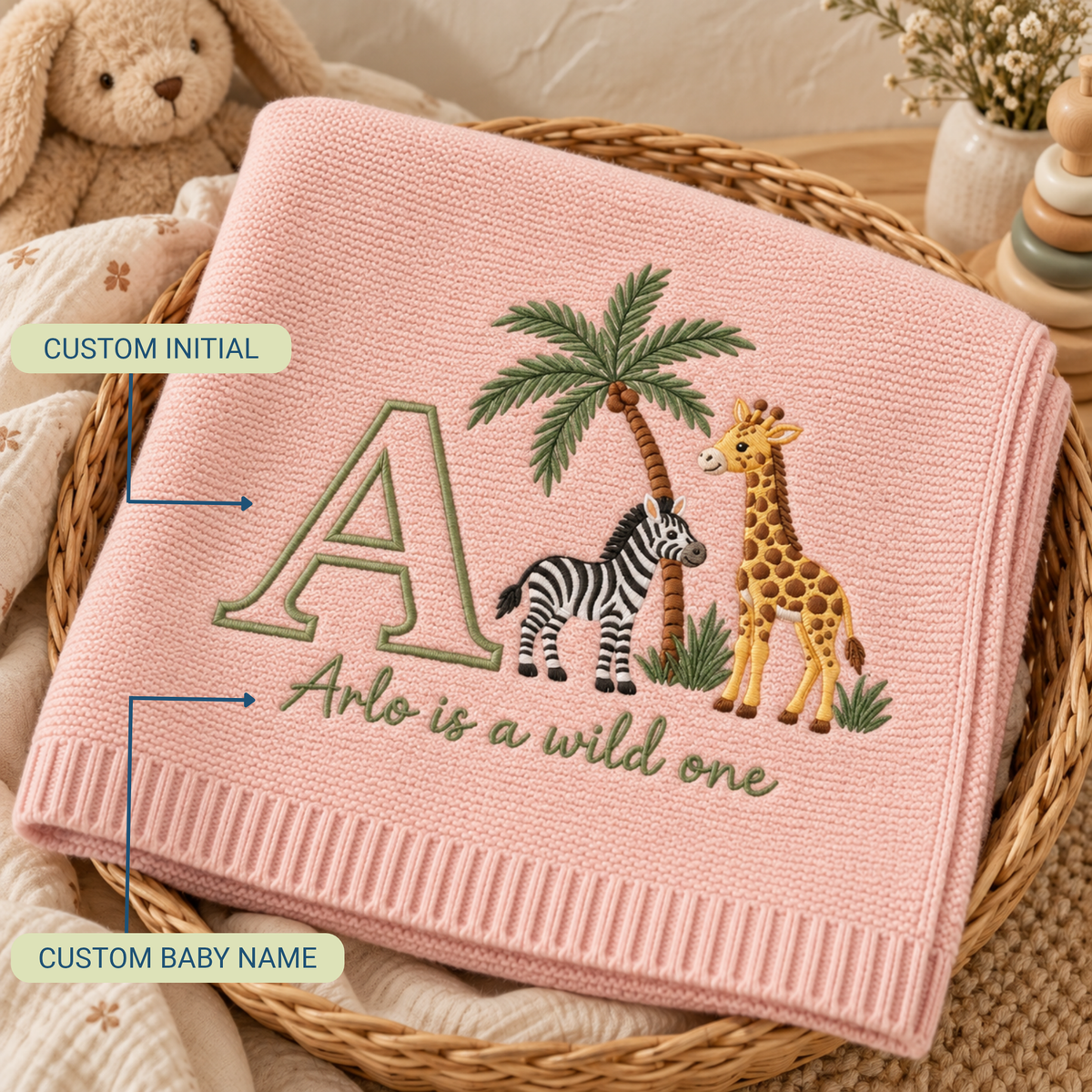 Personalized Embroidered Baby Blanket Custom Initial Wild One Knit Nursery Blanket