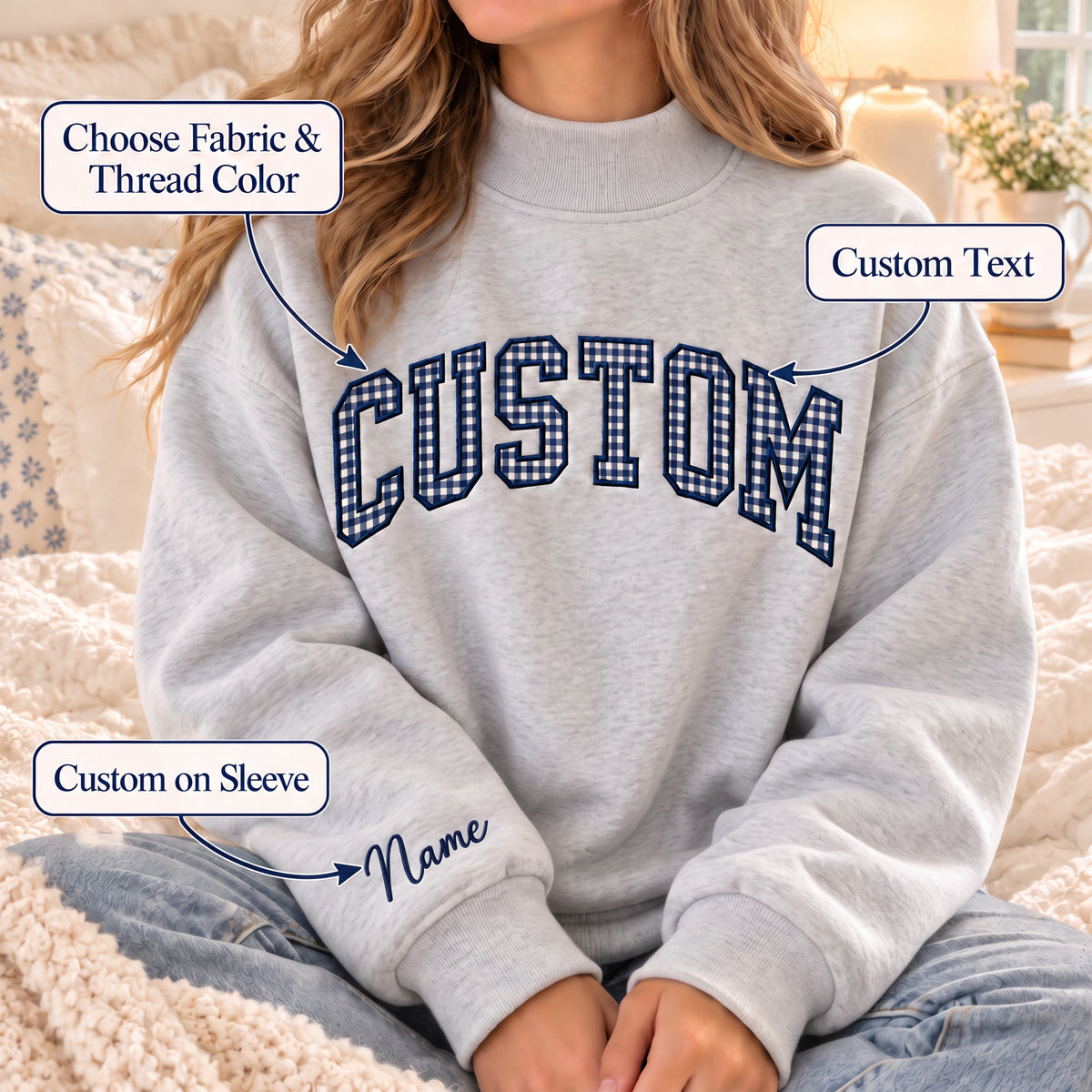 Custom Family Applique Embroid Coquette Bow Polka Dot Collar Mockneck Sweatshirt
