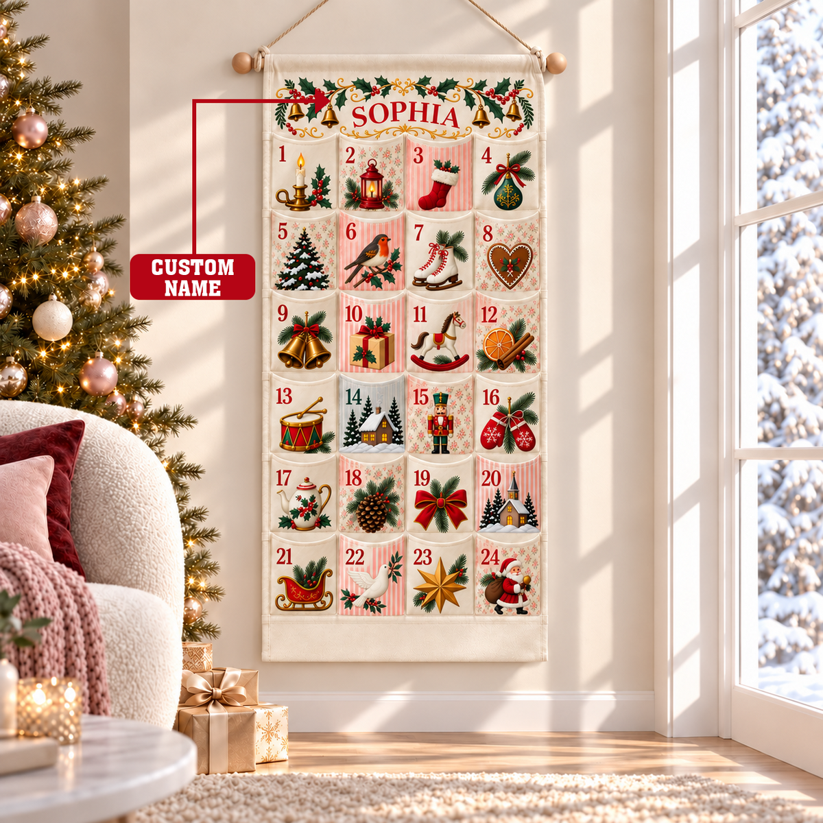 Custom Name Embroid Christmas Advent Calendar Classic Holiday Wall Hanging Pocket