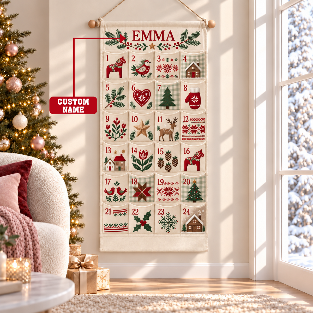 Custom Name Embroid Christmas Advent Calendar Nordic Folk Art Wall Hanging Pocket