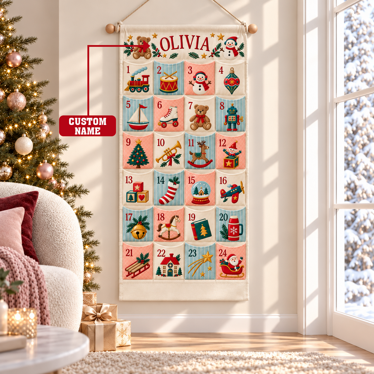 Custom Name Embroid Christmas Advent Calendar Retro Toy Train Wall Hanging Pocket