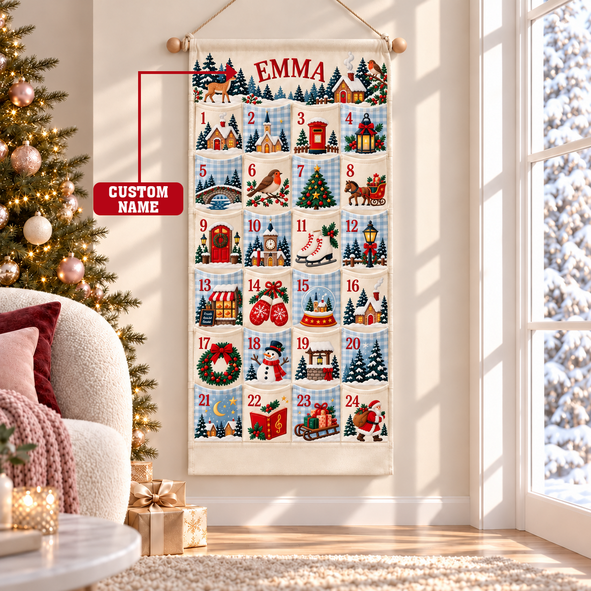 Custom Name Embroid Christmas Advent Calendar Country Village Wall Hanging Pocket