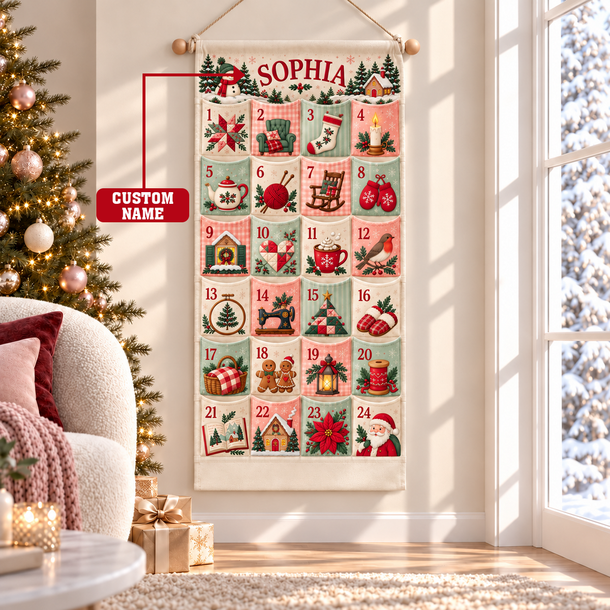 Custom Name Embroid Christmas Advent Calendar Cozy Handcraft Wall Hanging Pocket