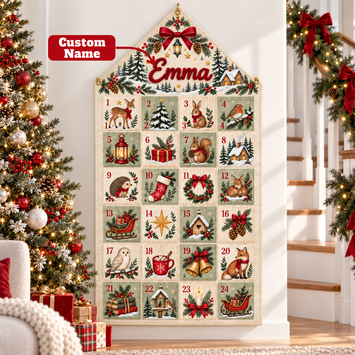 Custom Name Embroid Christmas Advent Calendar Woodland Animal Wall Hanging Pocket