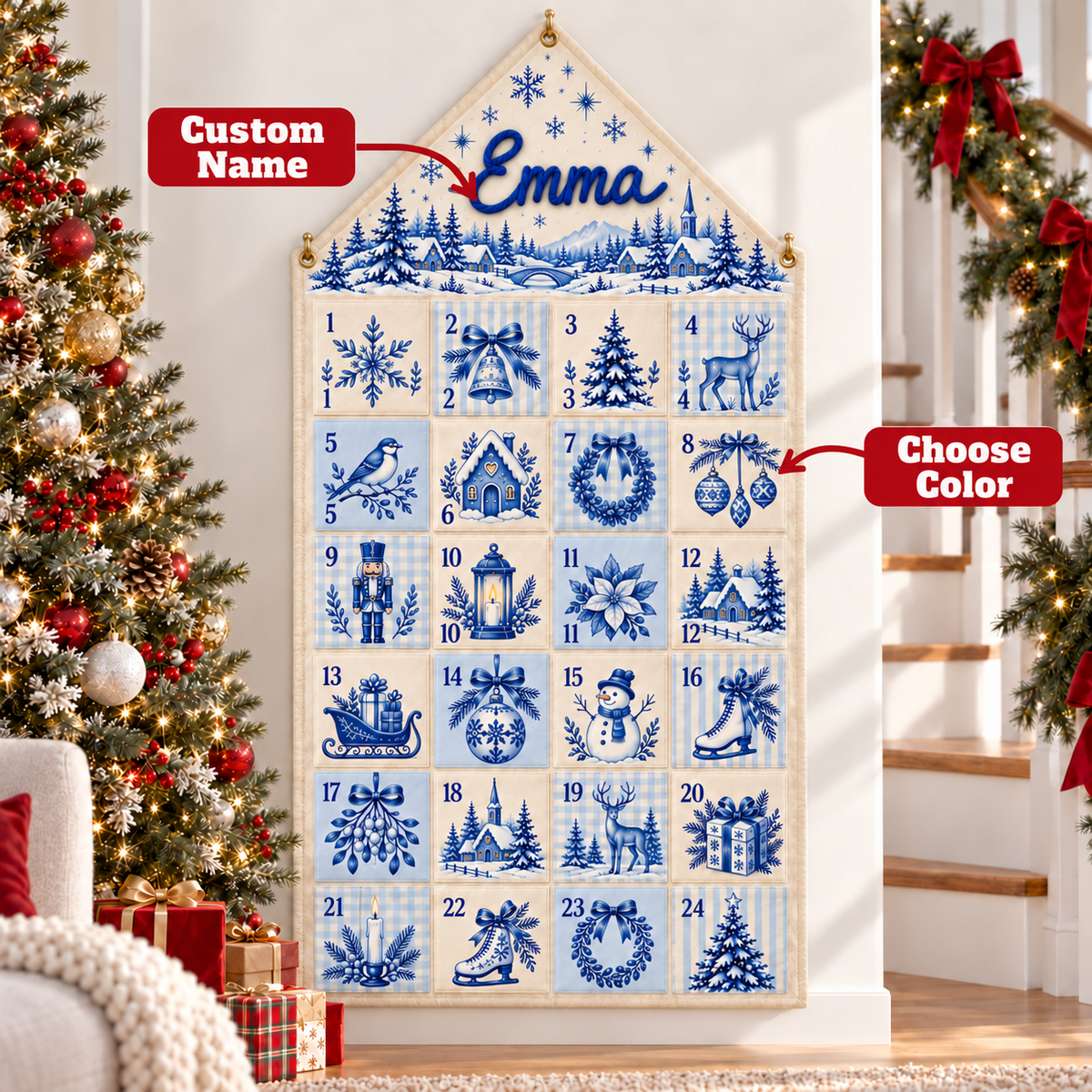 Custom Name Embroid Christmas Advent Calendar Toile De Jouy Vintage Wall Hanging Pocket