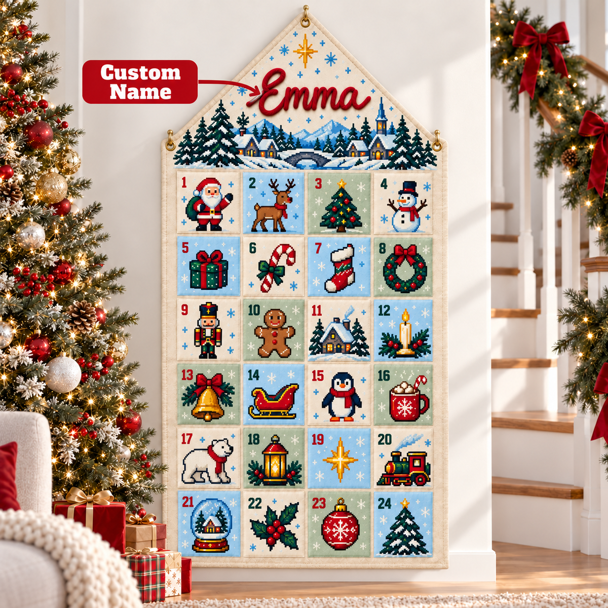 Custom Name Embroid Christmas Advent Calendar Pixel Art Santa Wall Hanging Pocket