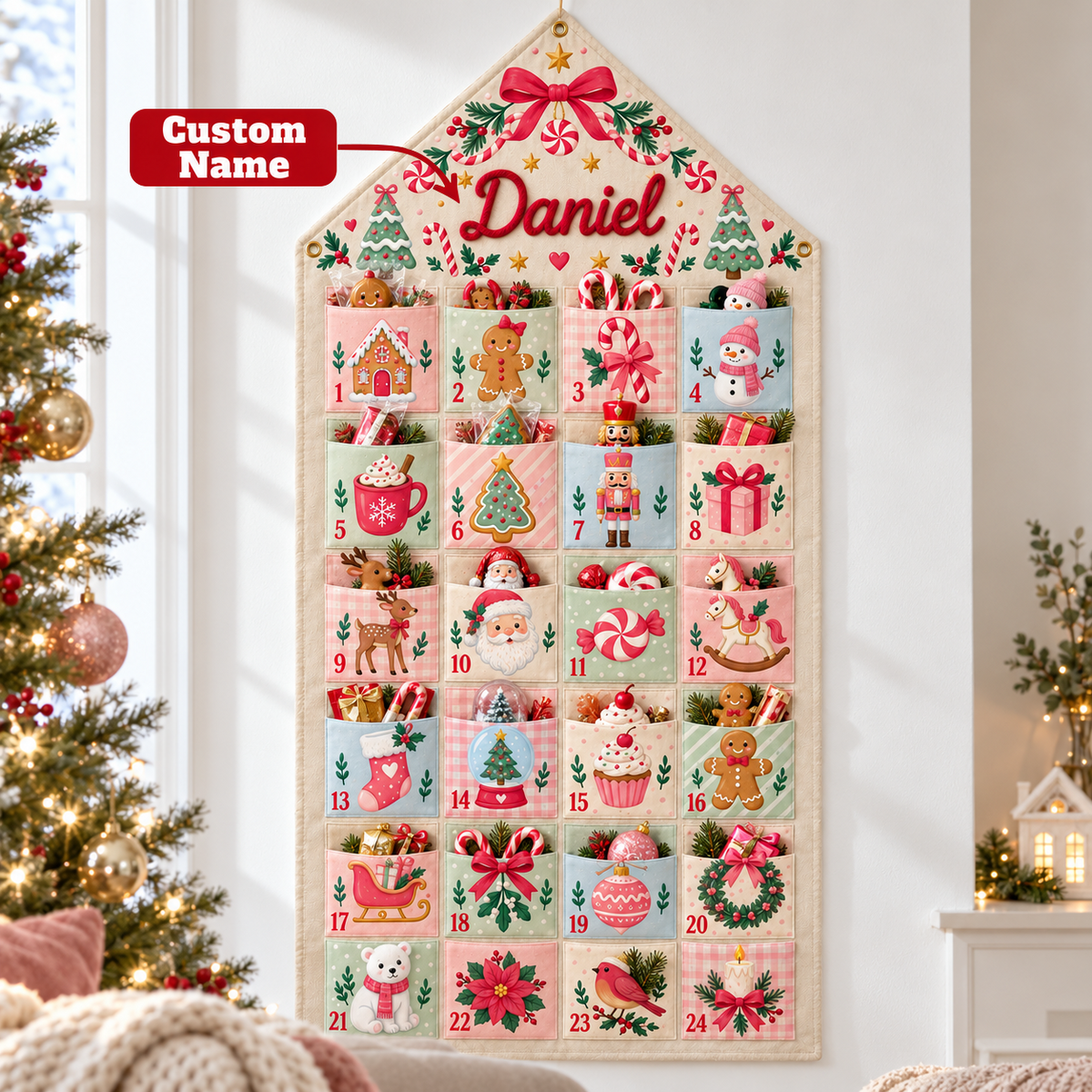 Custom Name Embroid Christmas Advent Calendar Gingerbread Santa Wall Hanging Pocket