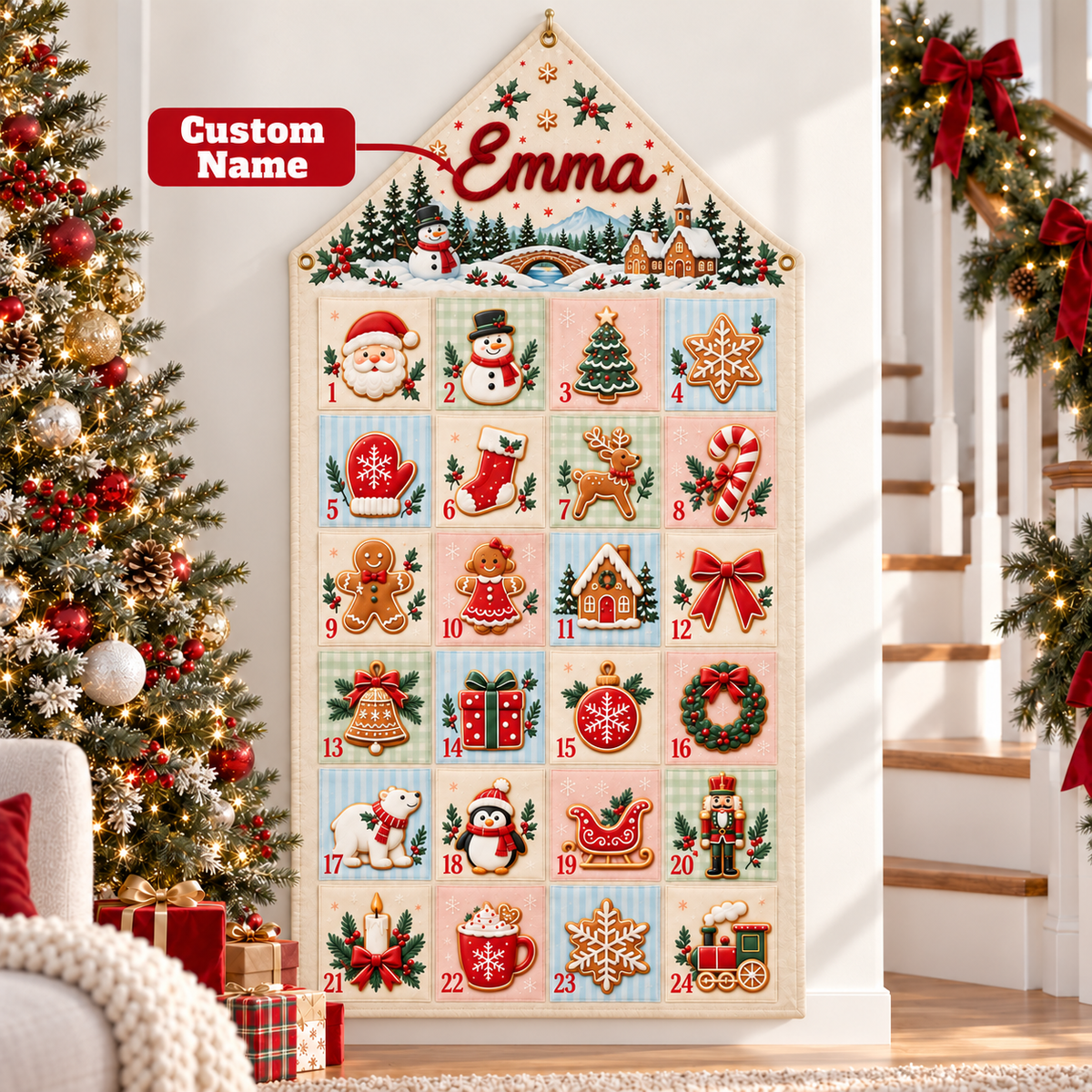 Custom Name Embroid Christmas Advent Calendar Gingerbread Snowman Wall Hanging Pocket