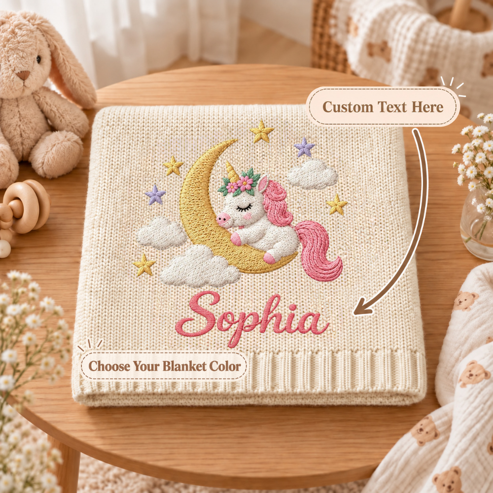 Custom Baby Blanket Embroidered Unicorn Moon Stars Name Knitted Nursery Swaddle Wrap