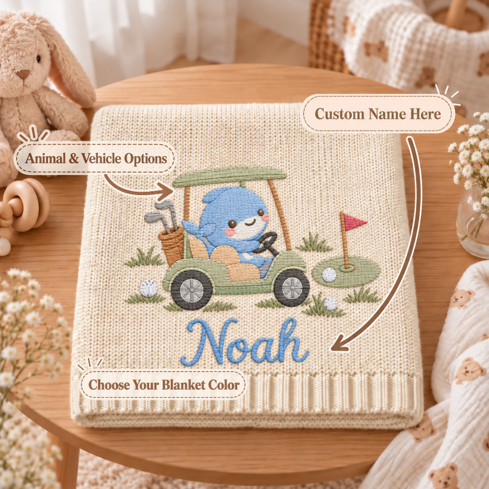 Custom Baby Blanket Embroidered Shark Golf Cart Name Knitted Nursery Swaddle Wrap