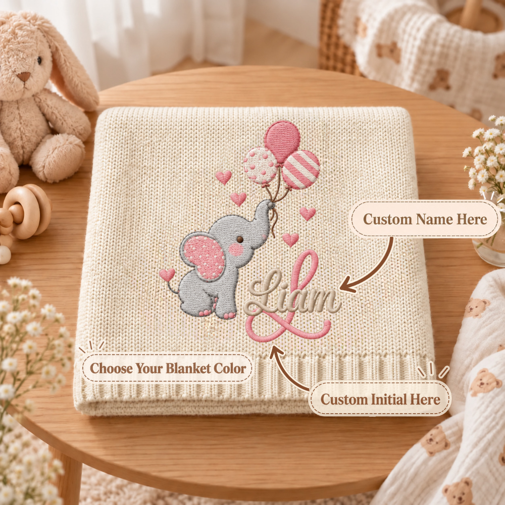 Custom Baby Blanket Embroidered Elephant Balloons Name Knitted Nursery Swaddle Wrap