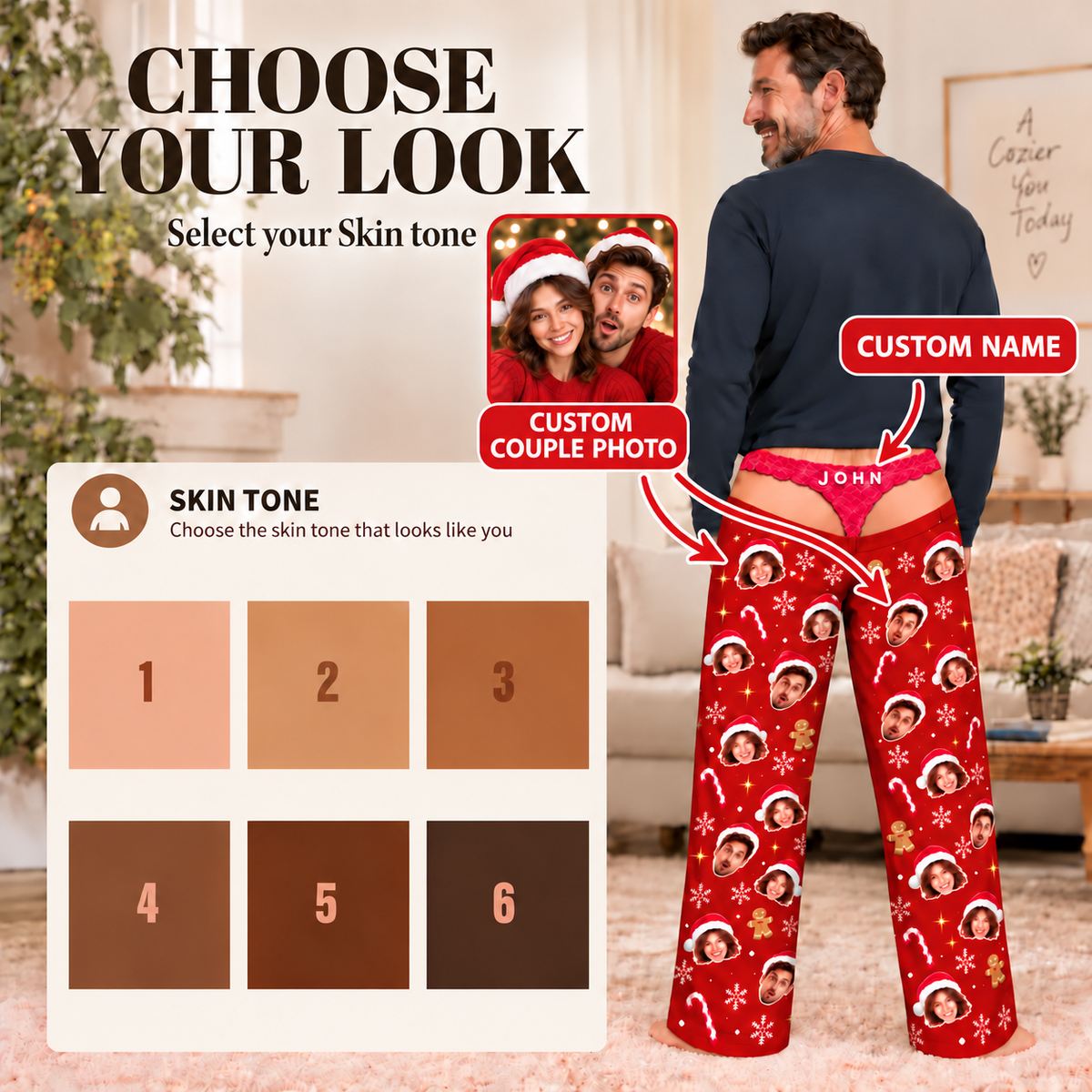Custom Face Christmas Pajama Pants Funny Photo Print Holiday Thong Underwear Bottoms
