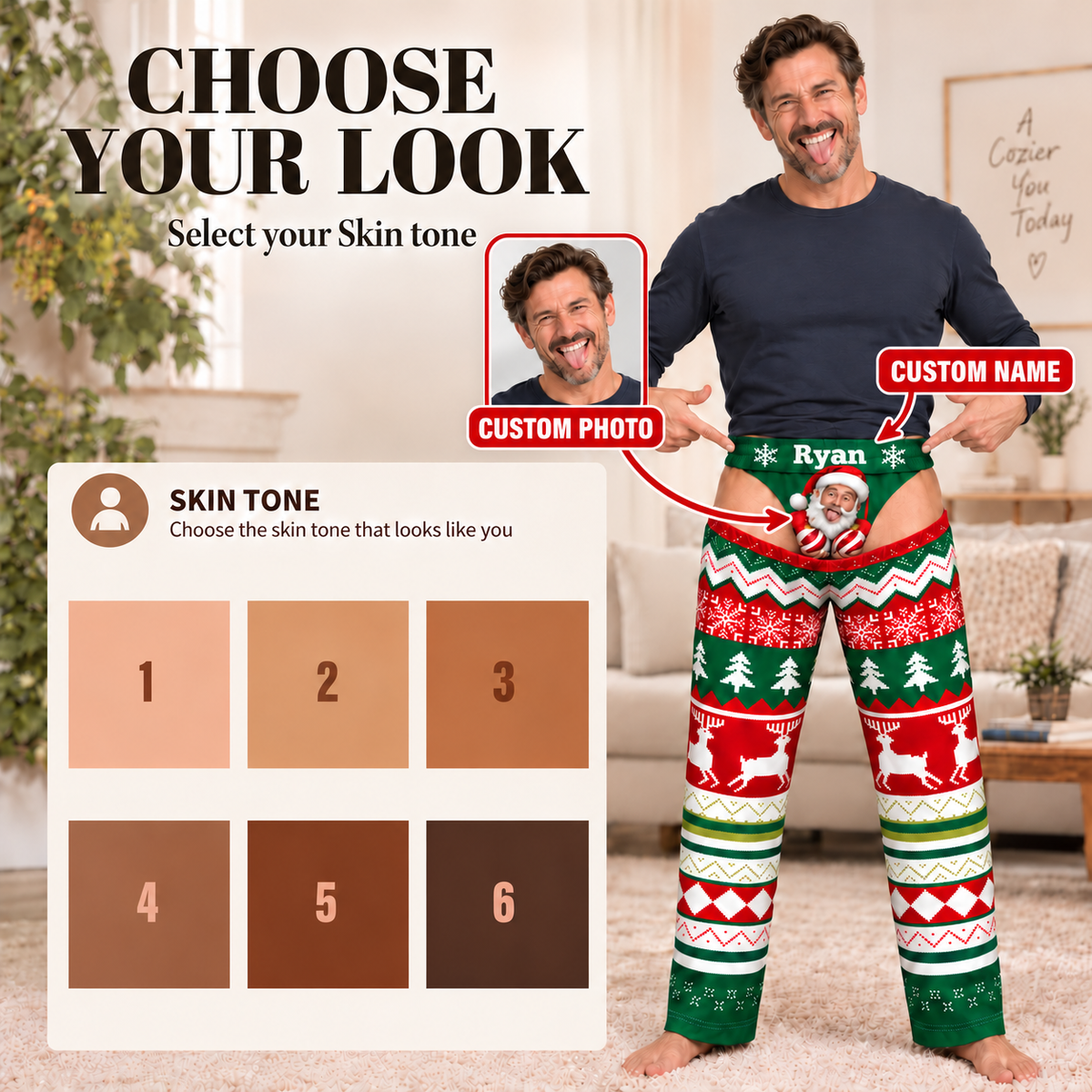 Custom Face Christmas Pajama Pants Personalized Photo Print Thong Underwear Loungewear