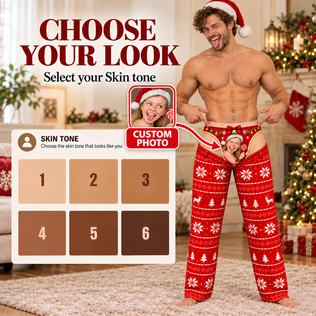 Custom Face Christmas Pajama Pants Funny Photo Print Holiday Thong Loungewear Set