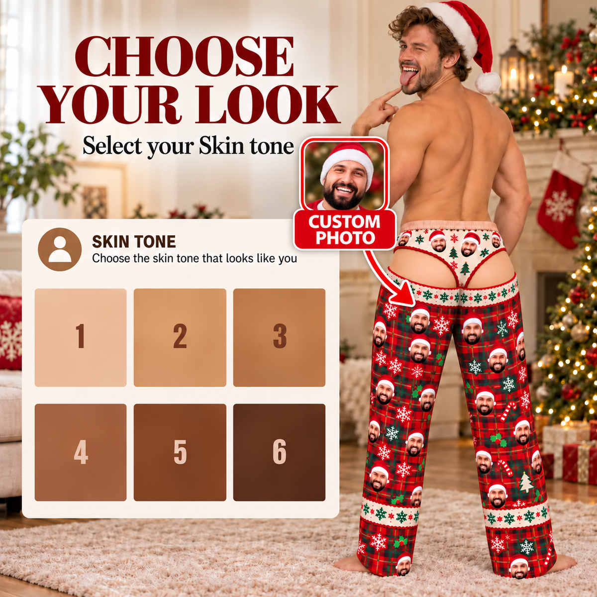 Custom Face Christmas Pajama Pants Plaid Photo Print Holiday Underwear Loungewear