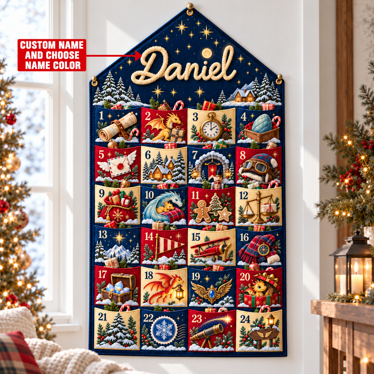 Custom Name Blue Embroid Christmas Advent Calendar Dragon Fantasy Wall Hanging Pocket