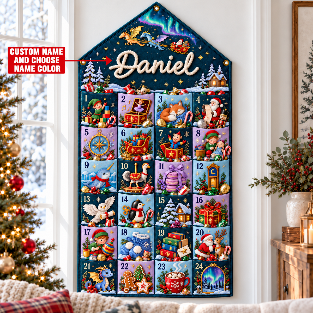 Custom Name Embroid Christmas Advent Calendar Fantasy Dragon Santa Wall Hanging Pocket