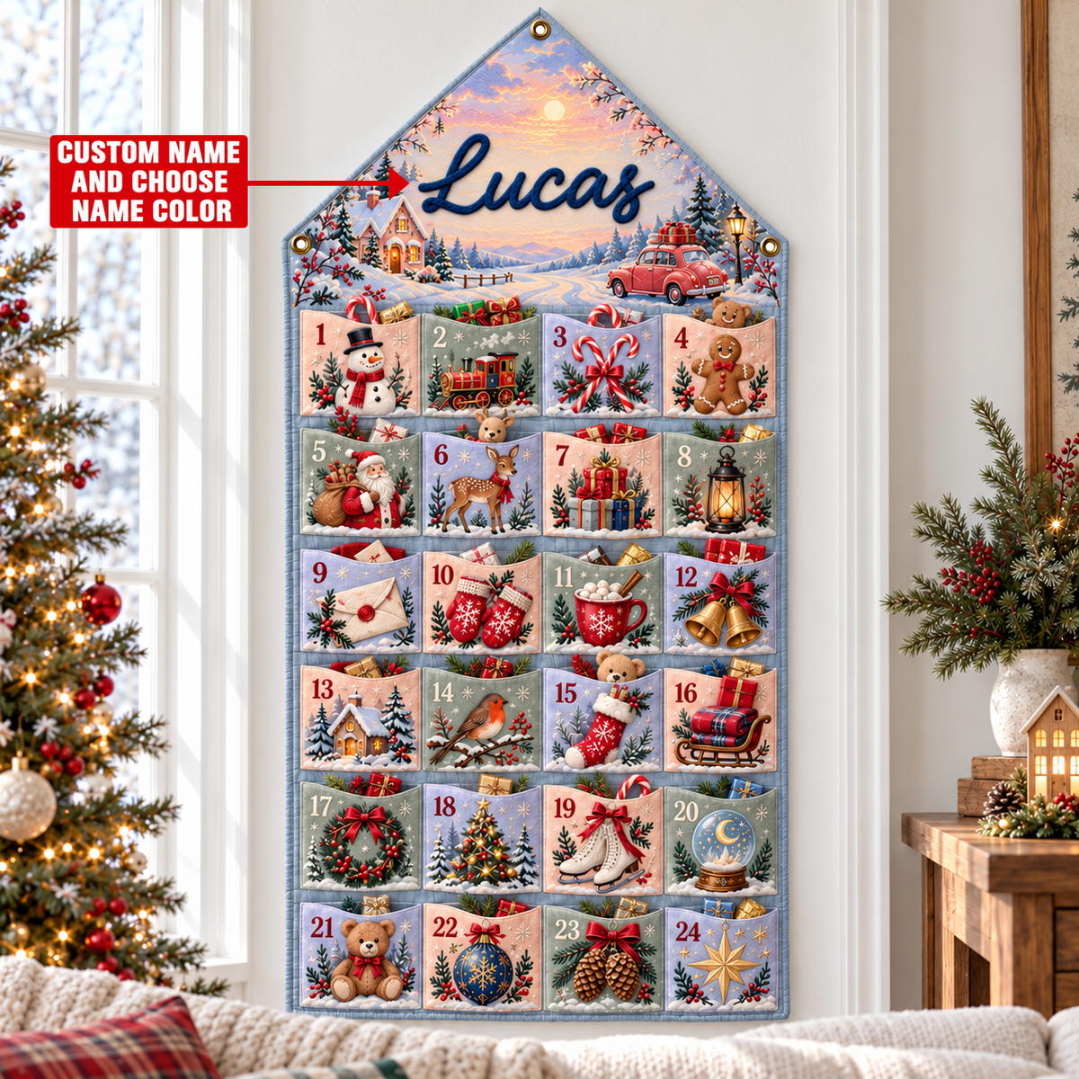 Custom Name Embroid Christmas Advent Calendar Winter Village Snowman Wall Hanging Pocket