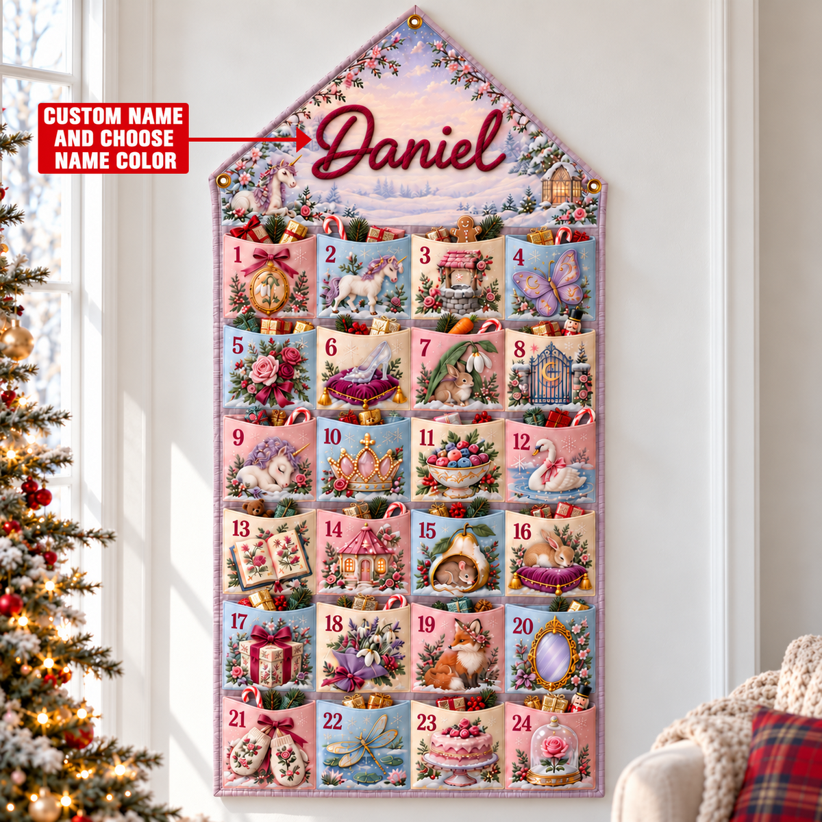 Custom Name Embroid Christmas Advent Calendar Princess Unicorn Wall Hanging Pocket