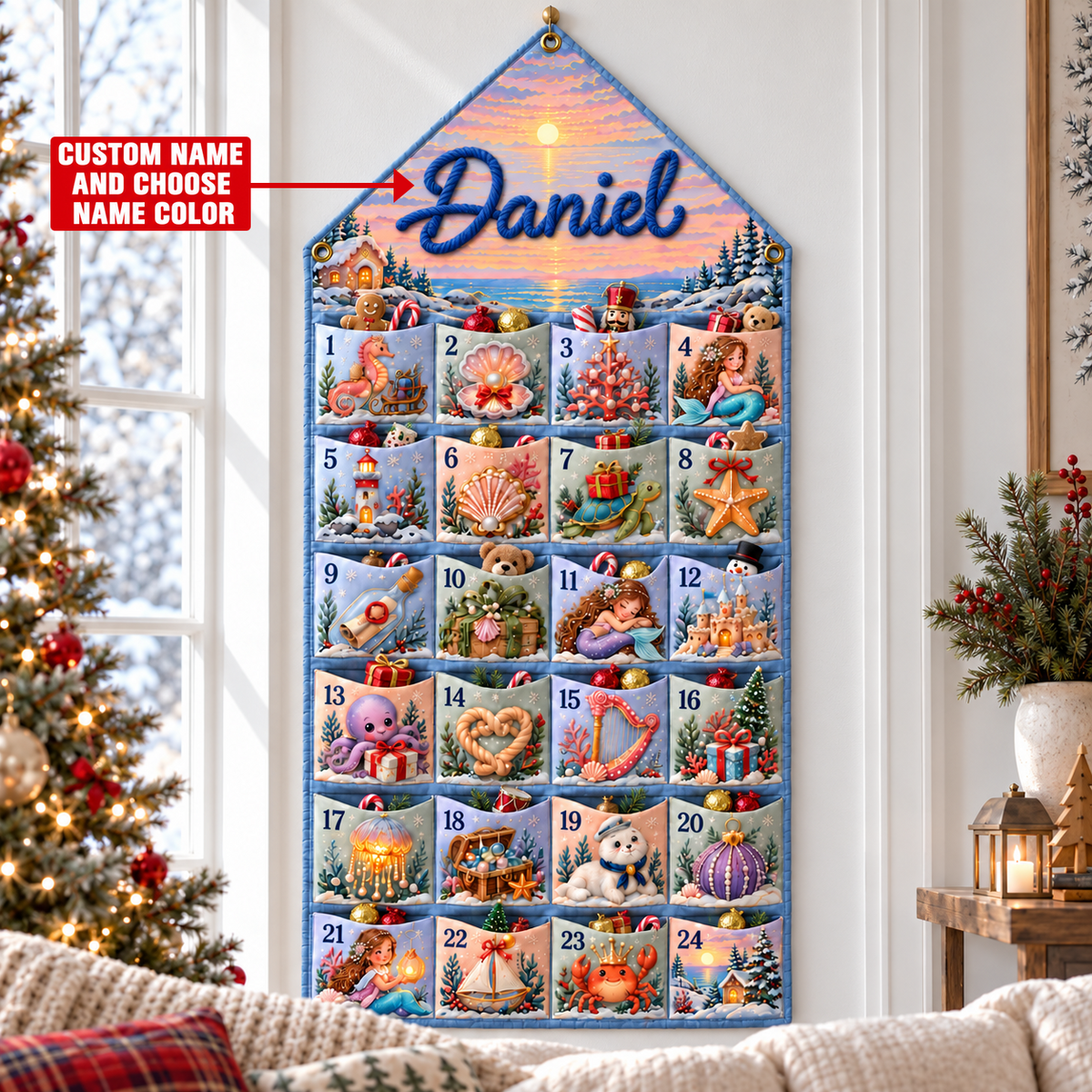 Custom Name Embroid Christmas Advent Calendar Mermaid Coastal Wall Hanging Pocket