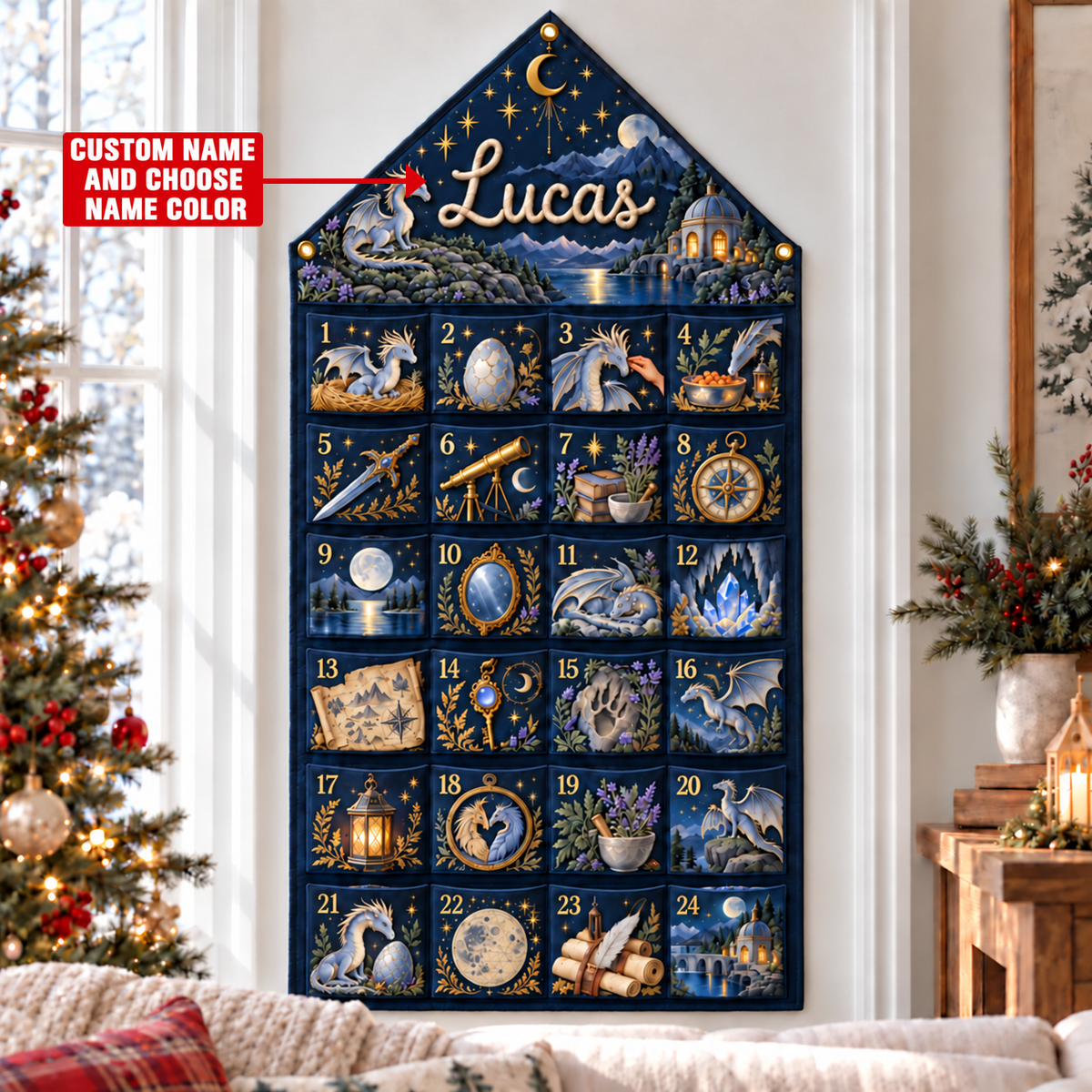 Custom Name Embroid Christmas Advent Calendar Dragon Fantasy Hanging Pocket Tapestry