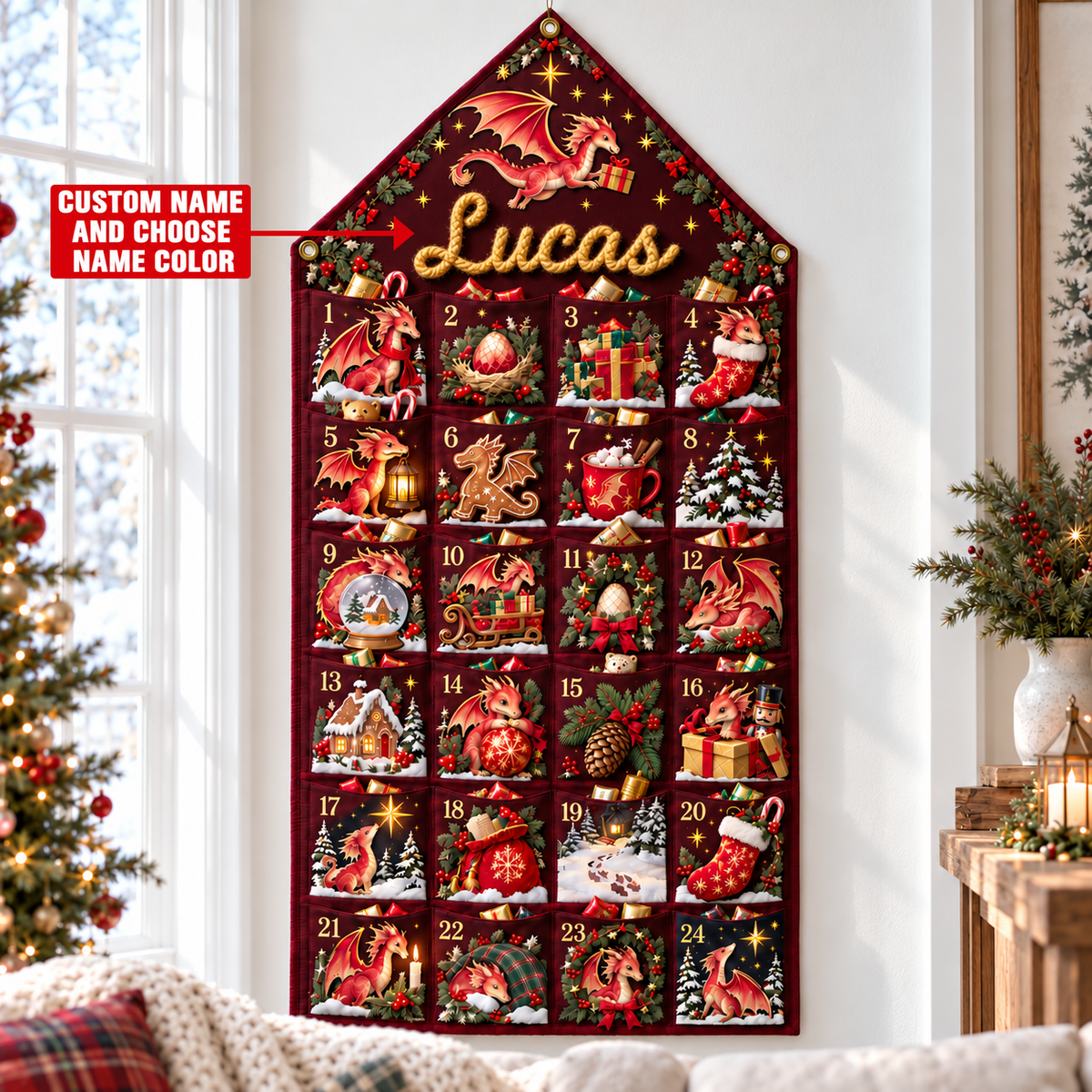 Custom Name Embroid Christmas Advent Calendar Baby Dragon Hanging Pocket Tapestry