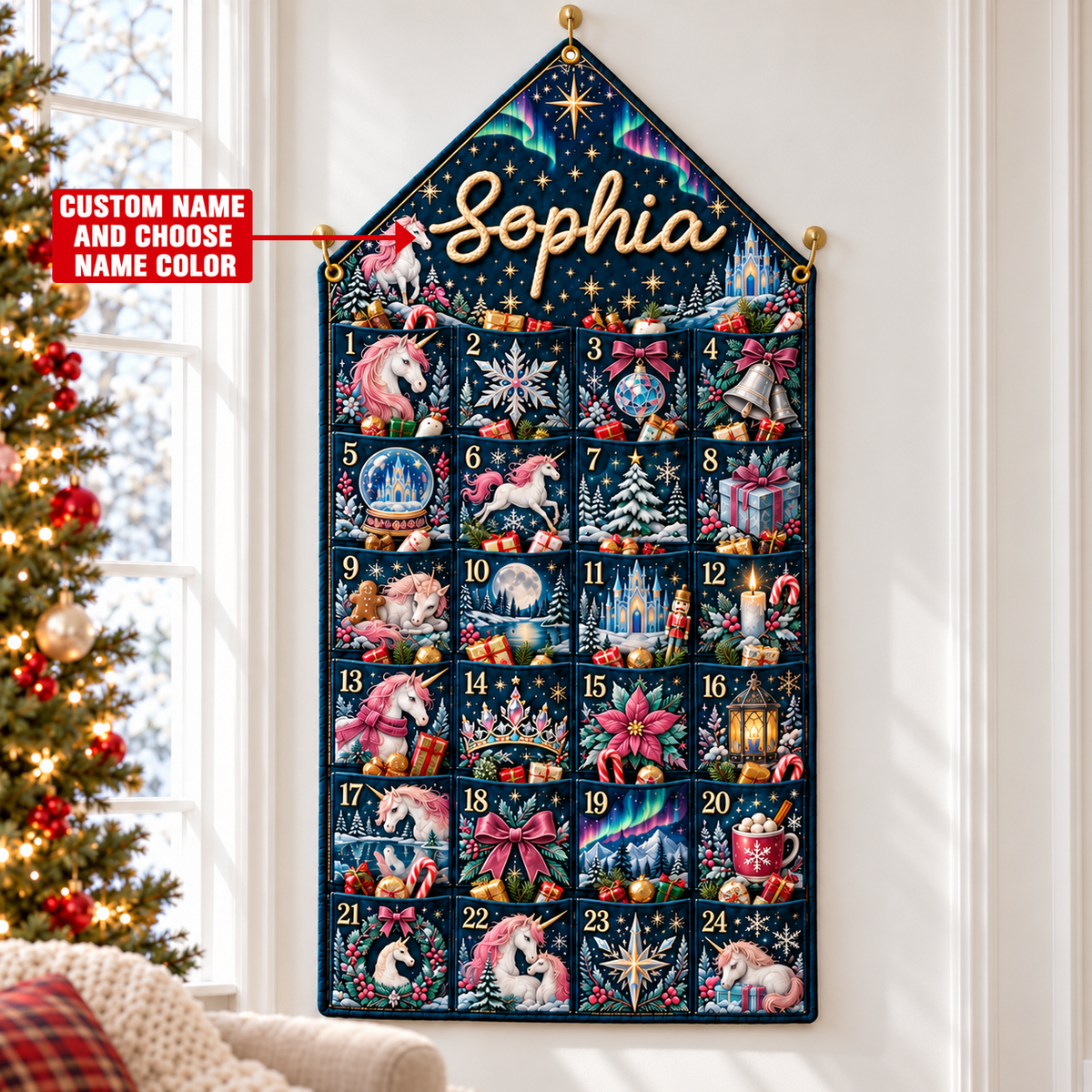 Custom Name Embroid Christmas Advent Calendar Unicorn Magic Hanging Pocket Tapestry