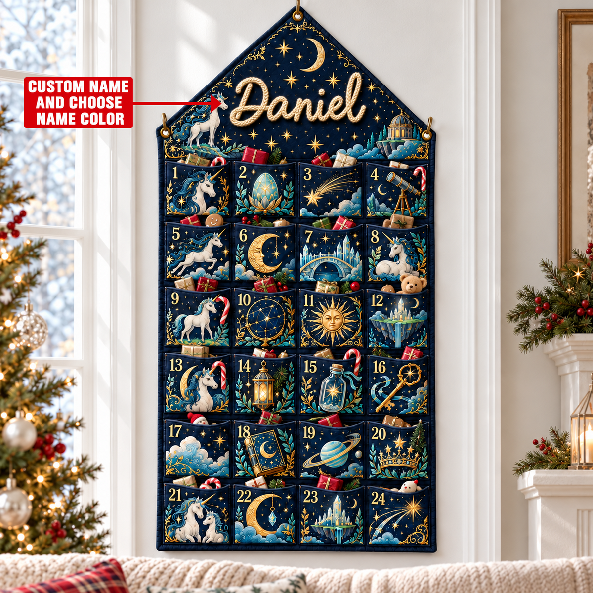 Custom Name Embroid Christmas Advent Calendar Unicorn Celestial Wall Hanging Pocket