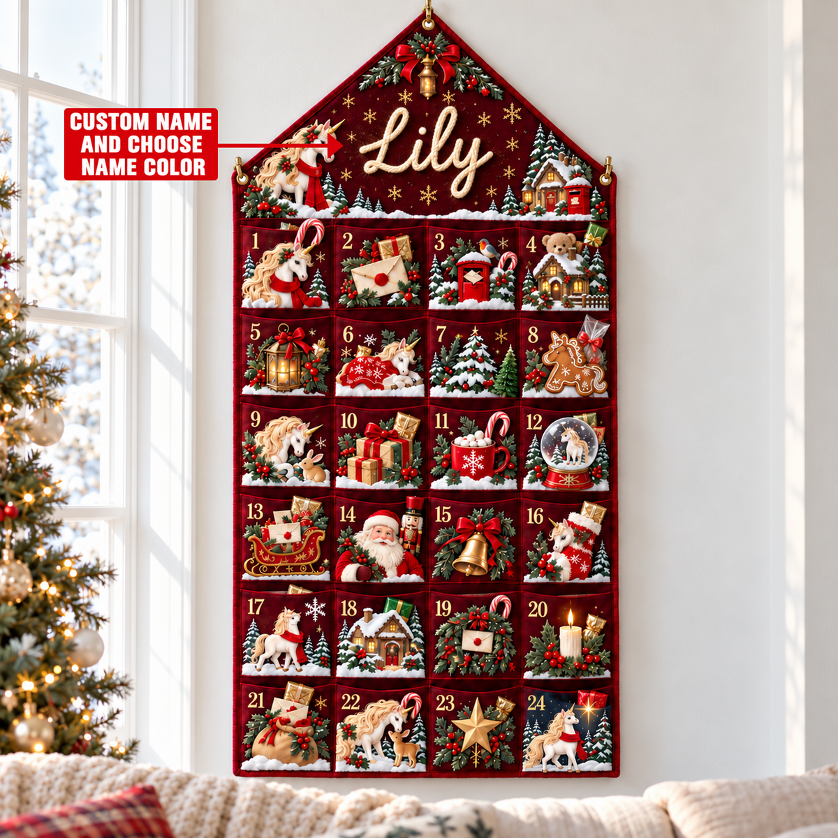 Custom Name Embroid Christmas Advent Calendar Unicorn Festive Wall Hanging Pocket