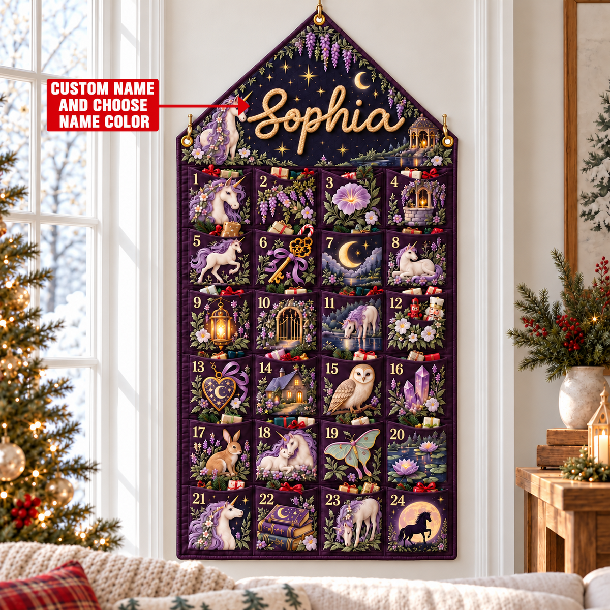 Custom Name Purple Embroid Christmas Advent Calendar Unicorn Wall Hanging Pocket