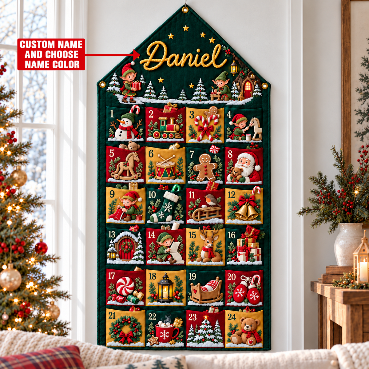 Custom Name Green Embroid Christmas Advent Calendar Elf Santa Wall Hanging Pocket