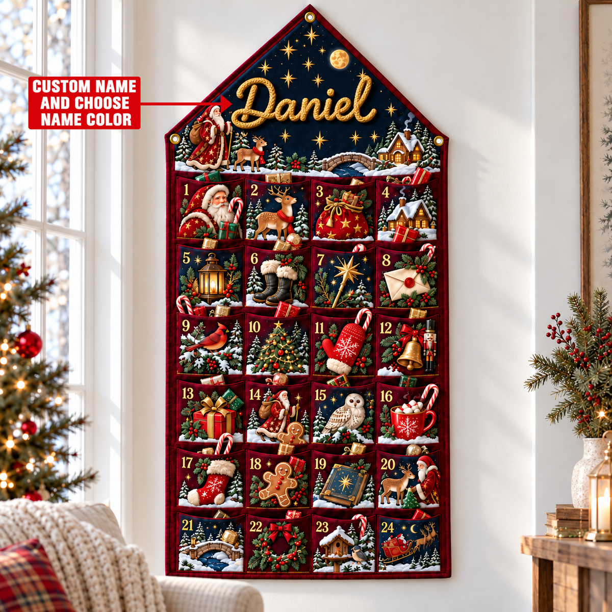 Custom Name Burgundy Embroid Christmas Advent Calendar Santa Reindeer Hanging Pocket