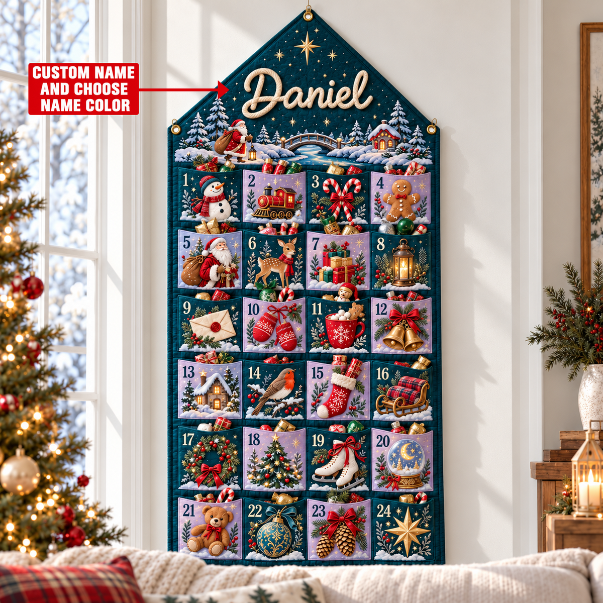 Custom Name Teal Embroid Christmas Advent Calendar Festive Snowman Wall Hanging Pocket