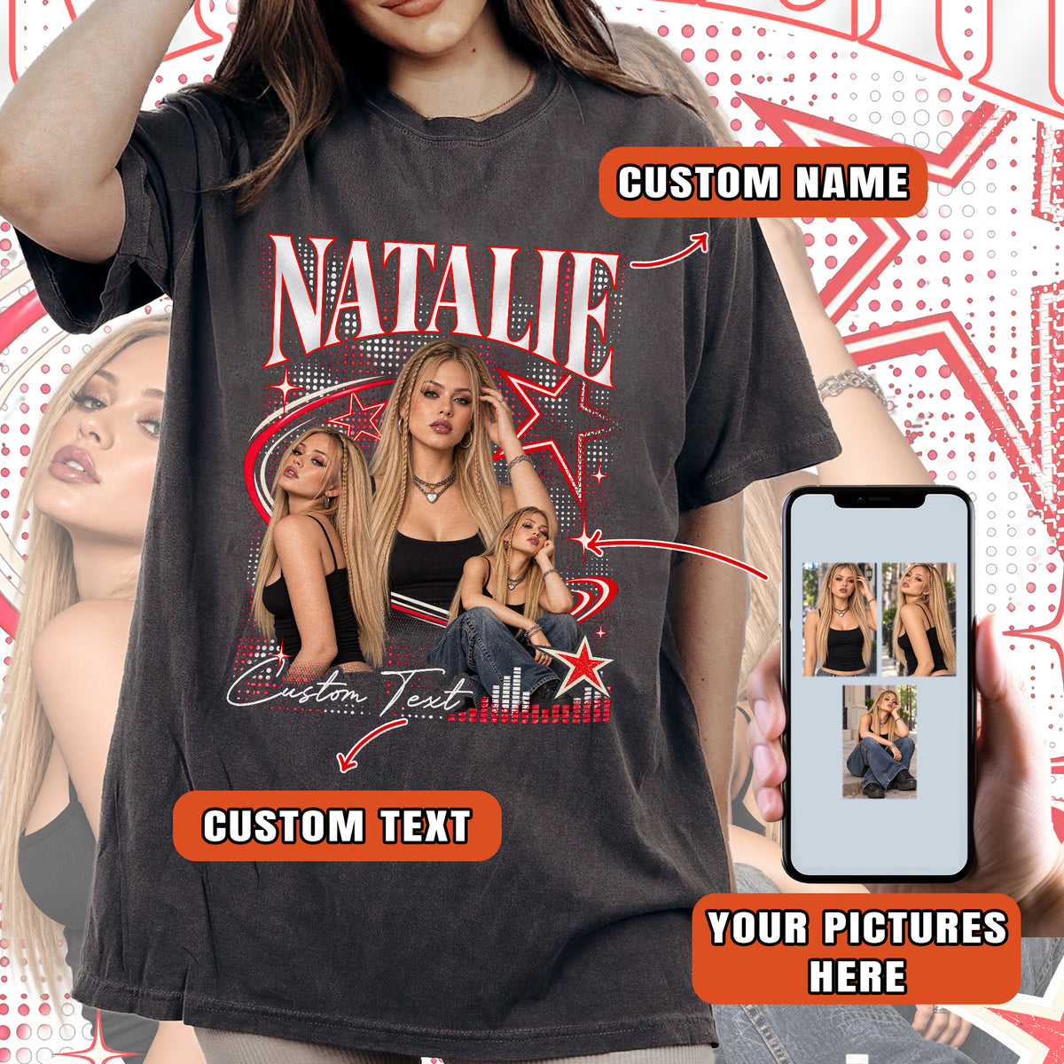 Custom Y2K Bootleg Photo Collage T Shirt Bold Star Burst Graphic Streetwear Tee Top Apparel