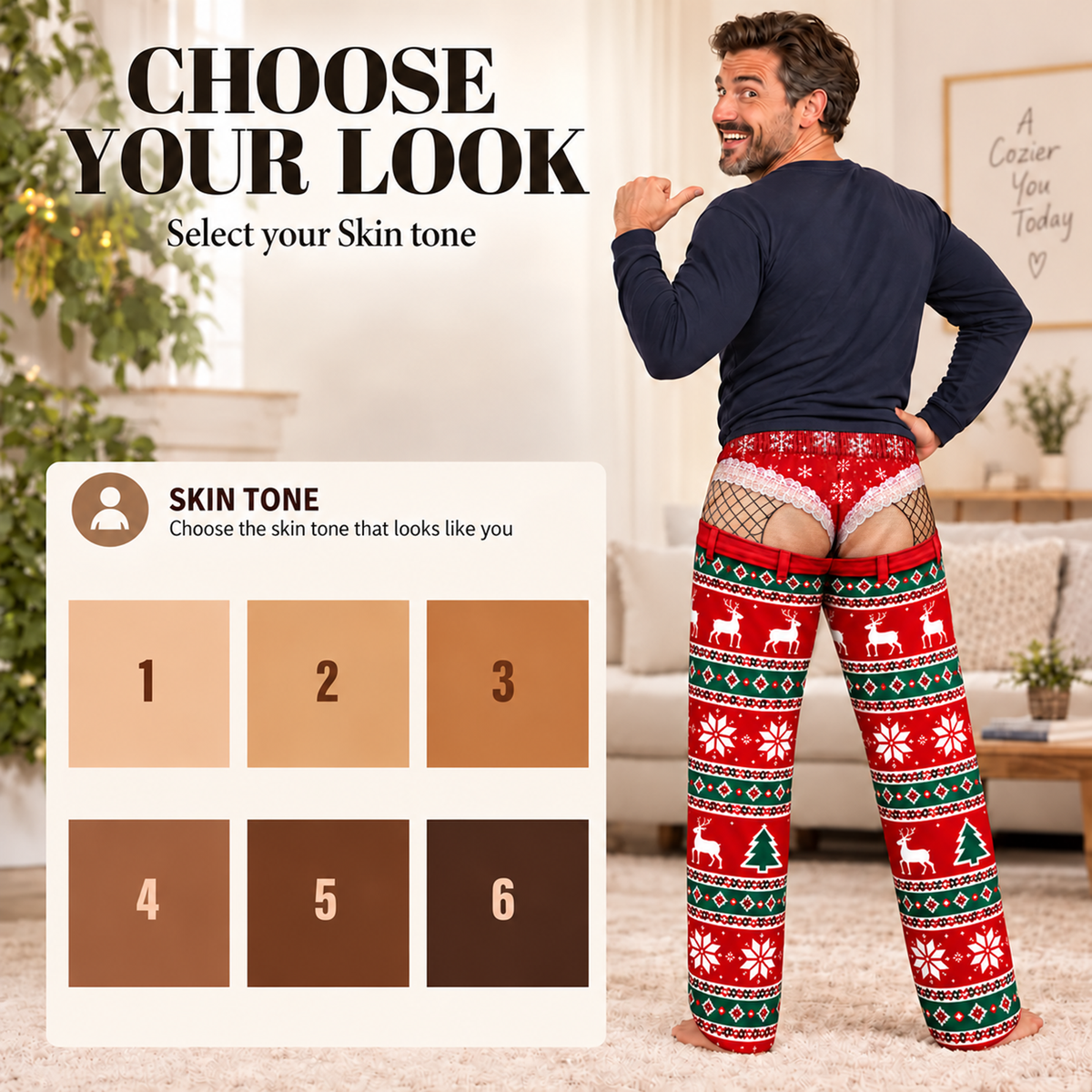 Custom Christmas Reindeer Snowflake Funny Pajamas Open Back Chaps Loungewear Pants