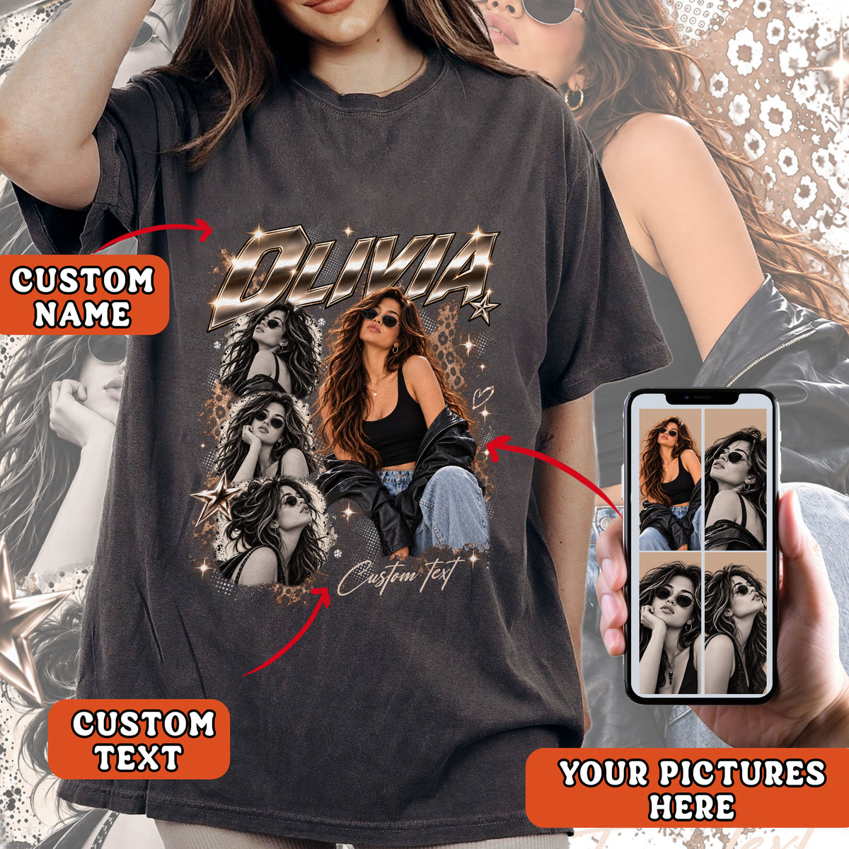 Custom Vintage Bootleg T Shirt Personalized Y2K Graphic Rap Tee Custom Photo Picture