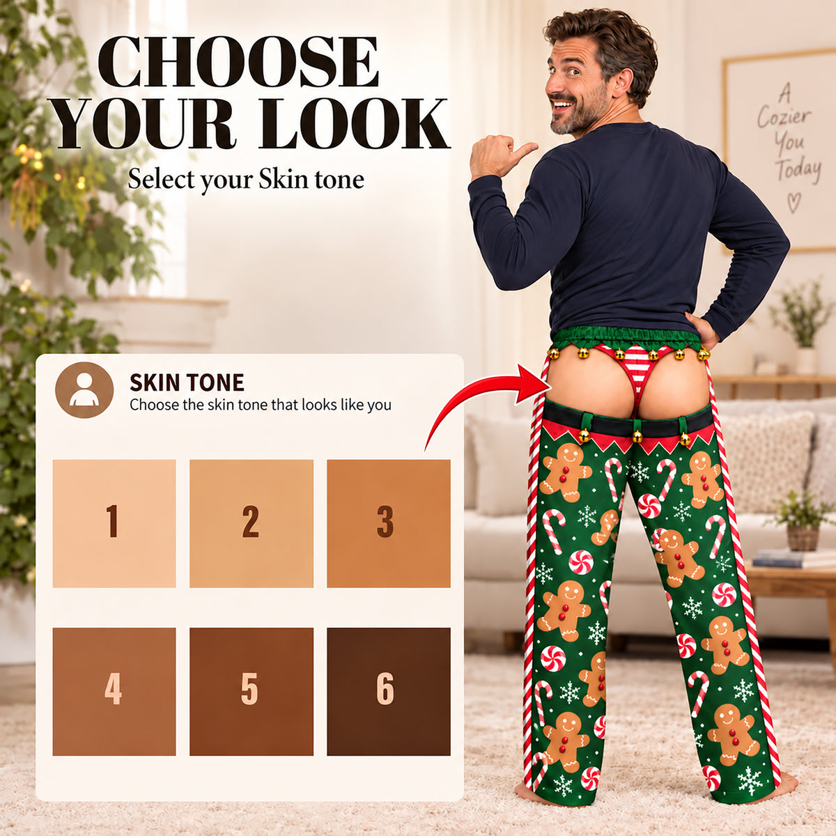 Custom Christmas Gingerbread Man Candy Cane Elf Thong Men Pajama Pants Sleepwear