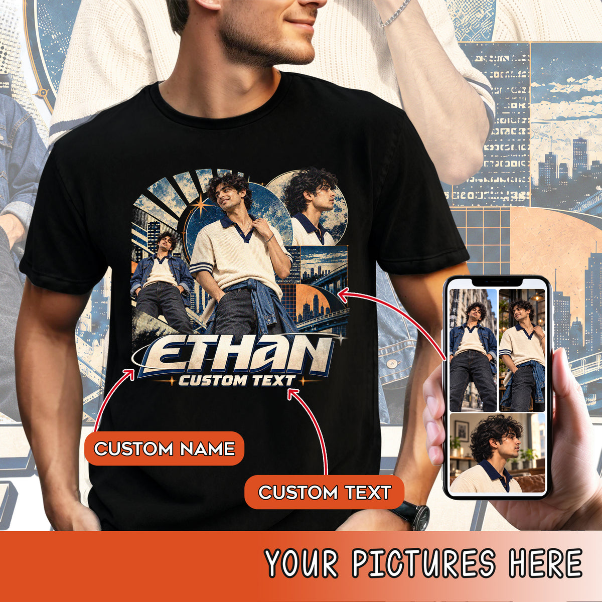 Custom Photo T-Shirt Y2K Star Arch Graphic Tee Personalized Picture Name Apparel