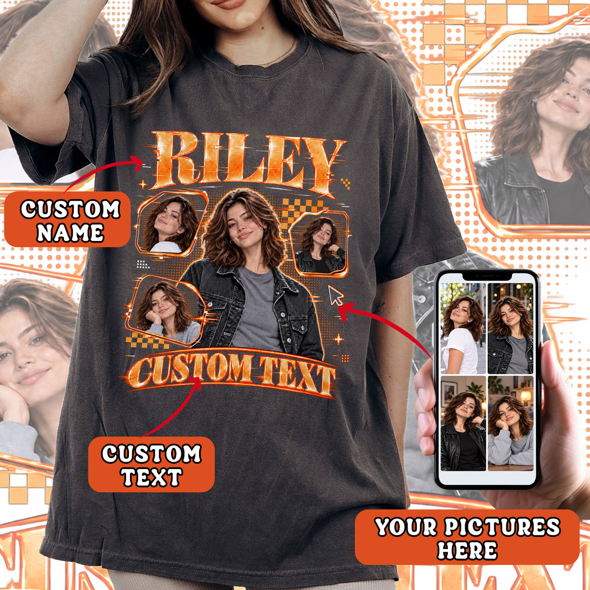Custom Photo T-Shirt Y2K Neon Grid Aesthetic Tee Personalized Picture Name Clothing