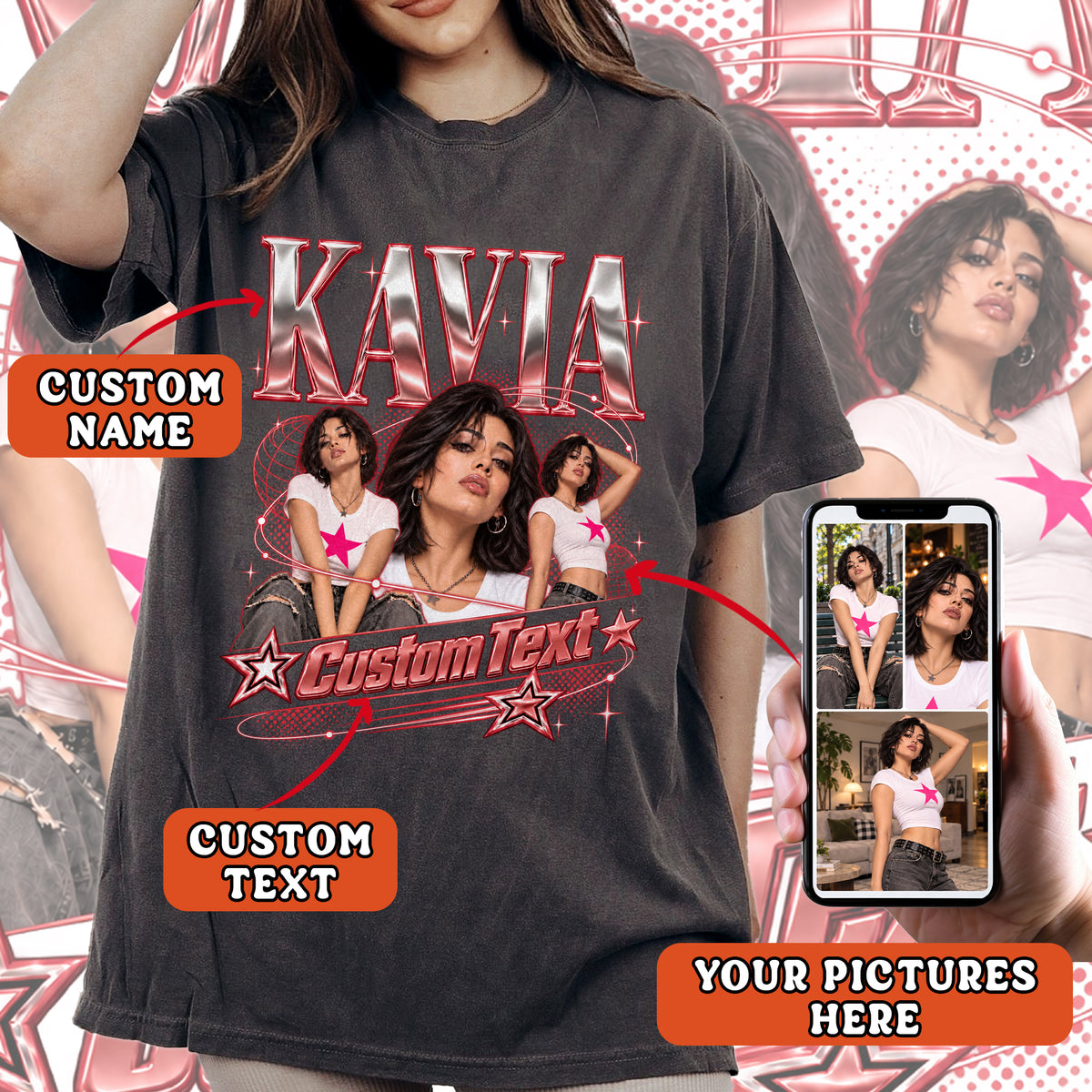 Custom Photo T-Shirt Y2K Star Glow Graphic Tee Personalized Picture Name Apparel