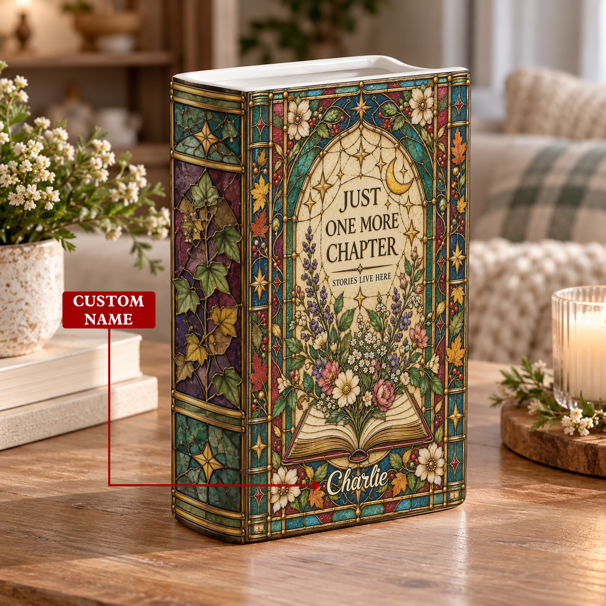 Custom Book Vase Just One More Chapter Stained Glass Floral Flower Holder Centerpiece