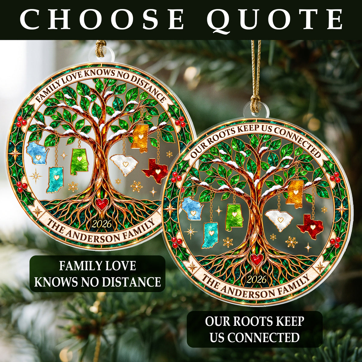 Custom Family Tree State Acrylic Ornament Long Distance Christmas Tree Keepsake Gift