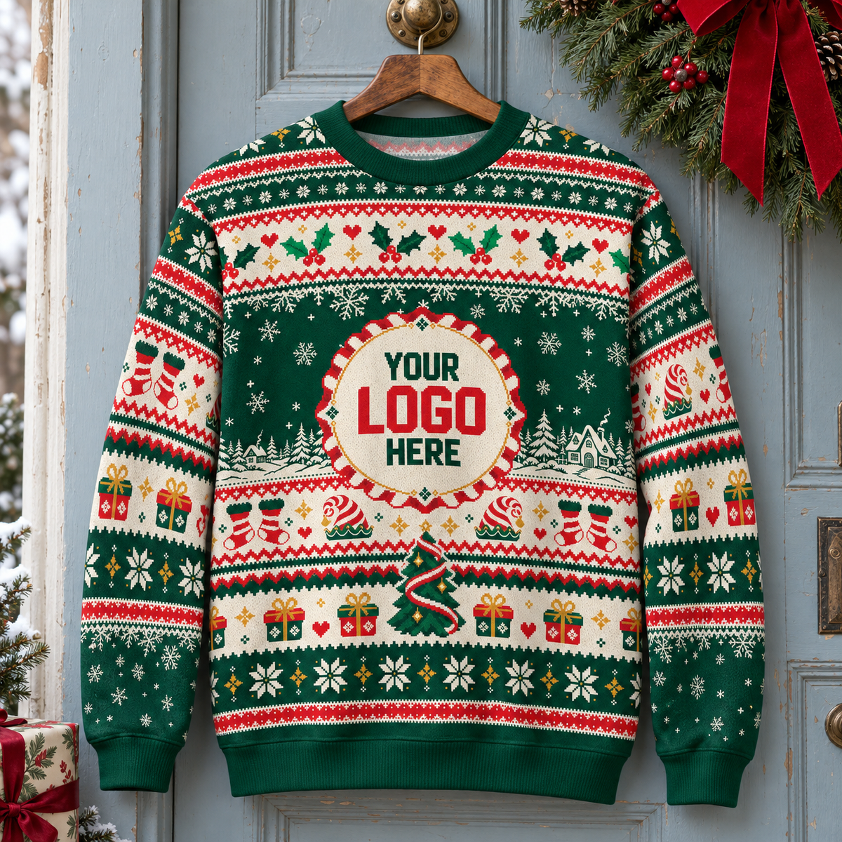 Custom Logo Ugly Christmas Sweater Holly Berry Stocking Patterned Holiday Jumper