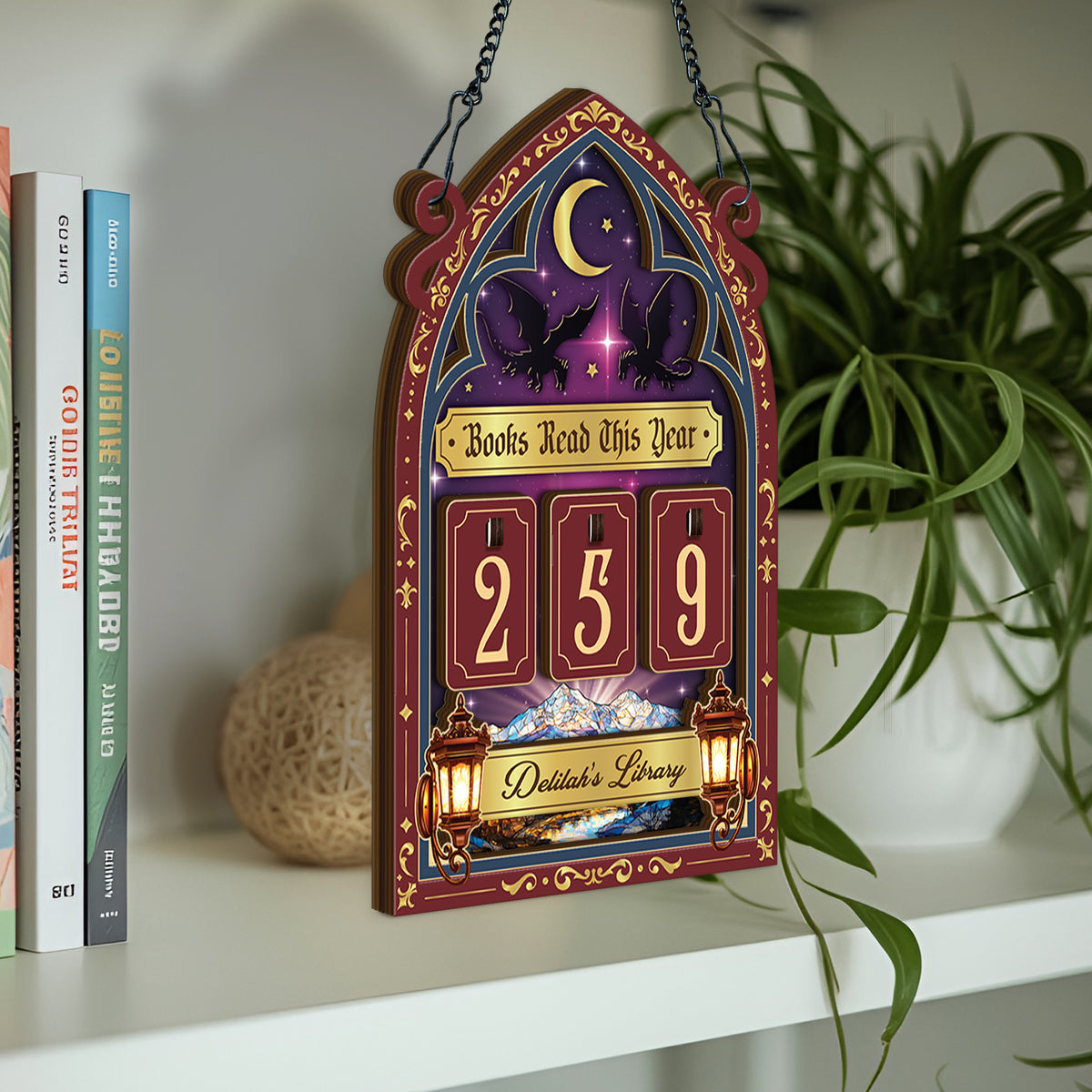 Custom Book Tracker Sign Personalized Crescent Moon Raven Books Read This Year Decor