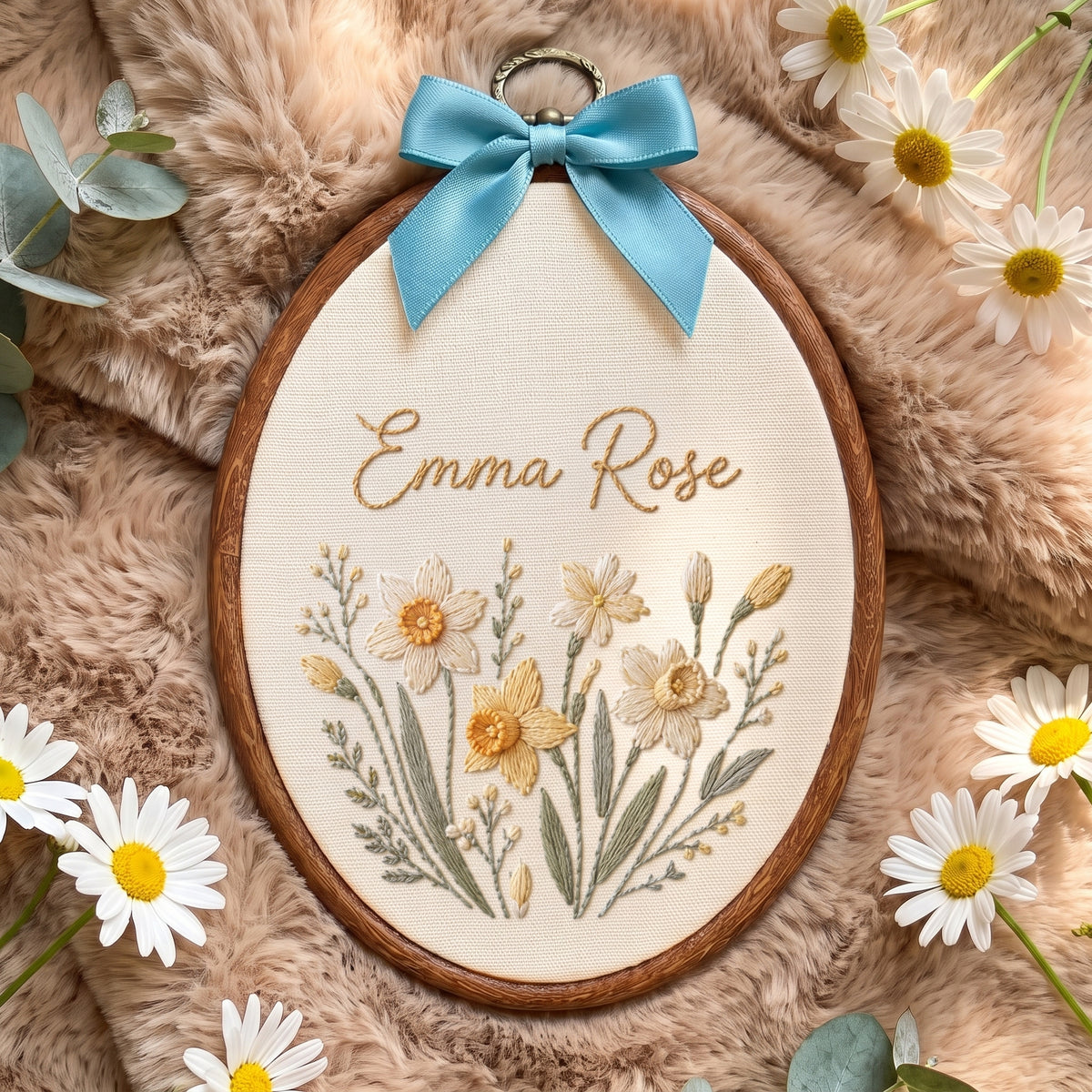 Personalized Yellow Daffodil Gingham Check Embroidery Hoop Art Nursery Decor Keepsake