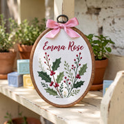 Personalized Baby Name Holly Berries Greenery Leaves Embroidery Hoop Art Nursery Keepsake